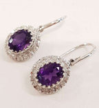 9ct White Gold Oval Amethyst and Diamond Cluster Drop Earrings
