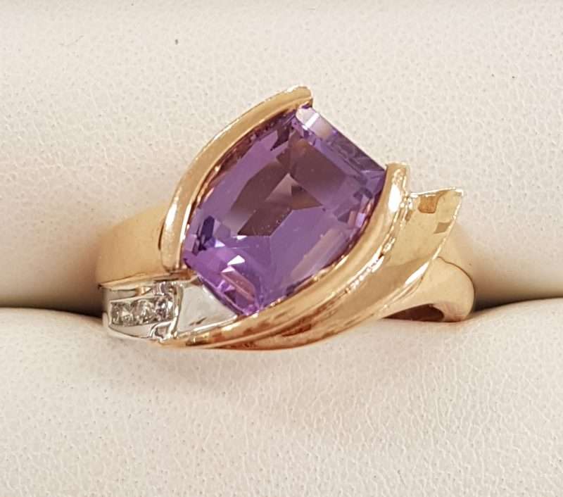 9ct Rose Gold Large Amethyst with Diamond Ring - Unusual Shape Ring