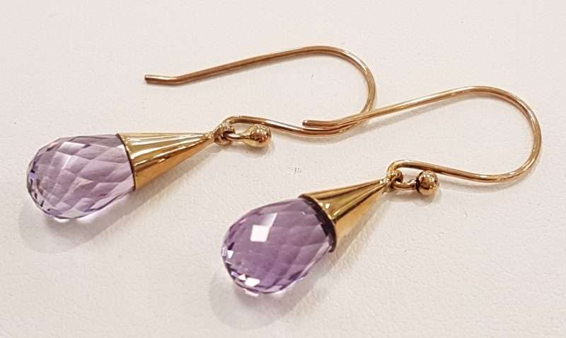 9ct Yellow Gold Amethyst in Cone Drop Earrings