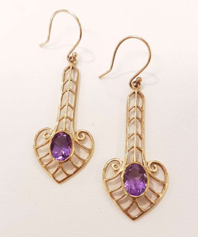 9ct Yellow Gold Long Amethyst Drop Earrings - Ornate / Filigree