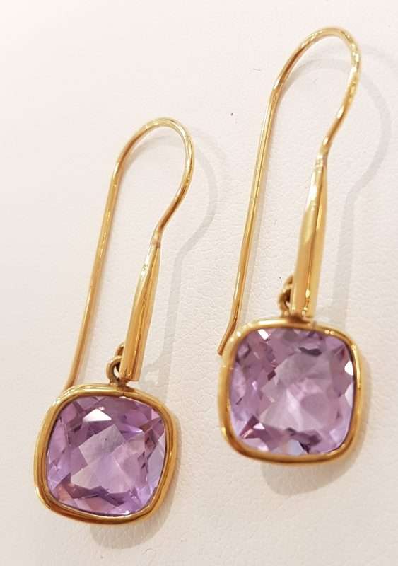 9ct Gold Amethyst Drop Earrings - Square