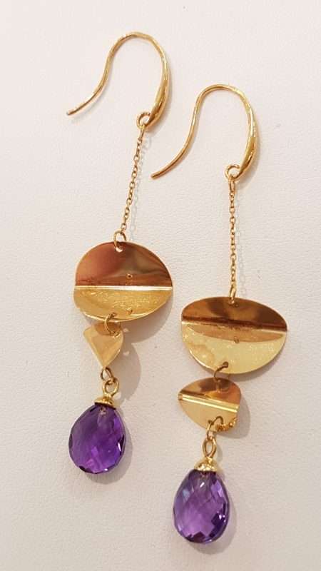 9ct Rose Gold Amethyst Long Unusual Drop Earrings