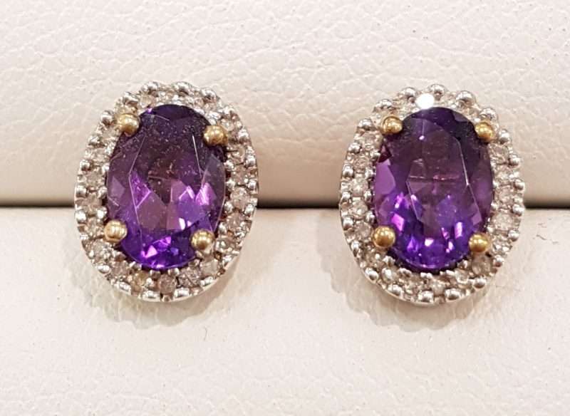9ct Yellow Gold Amethyst and Diamond Oval Cluster Studs / Earrings