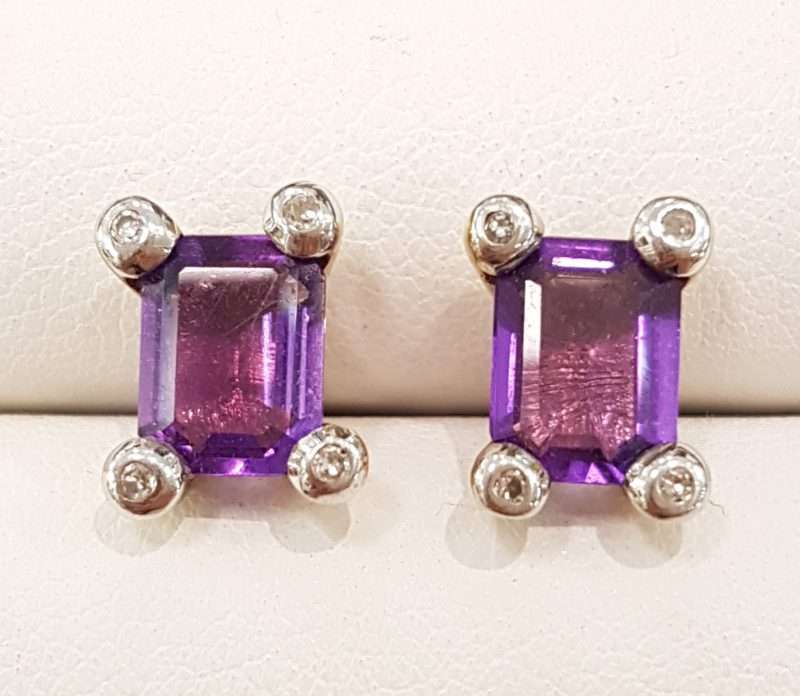 9ct Yellow Gold Amethyst and Diamond Studs / Earrings - Rectangle