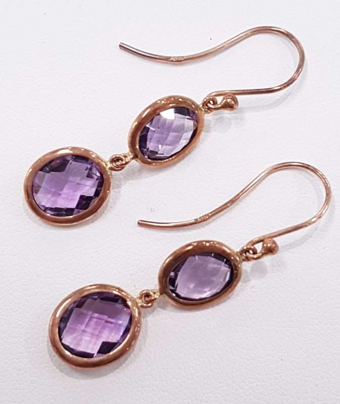 9ct Rose Gold Amethyst Oval Drops Earrings