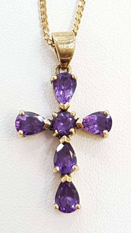 9ct Yellow Gold Amethyst Crucifix  / Cross Pendant on 9ct Chain