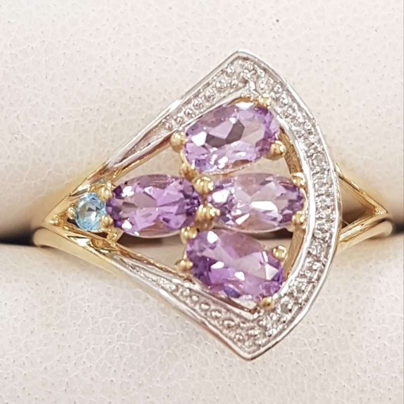 9ct Yellow Gold Amethyst, Topaz and Diamond Fan Shaped Cluster Ring
