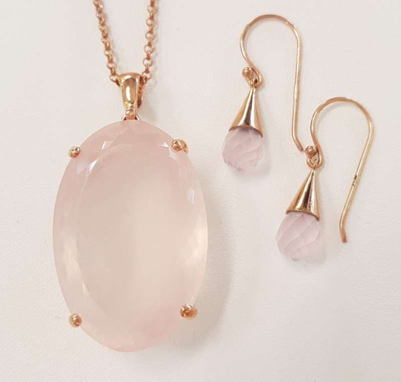 9ct Rose Gold Rose Quartz Large Oval Pendant on Chain and Faceted Drop Earrings - Sold Separately