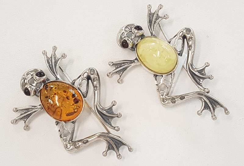 Sterling Silver Large Amber Frog Brooch - Available in Brown, Butter and Green Amber