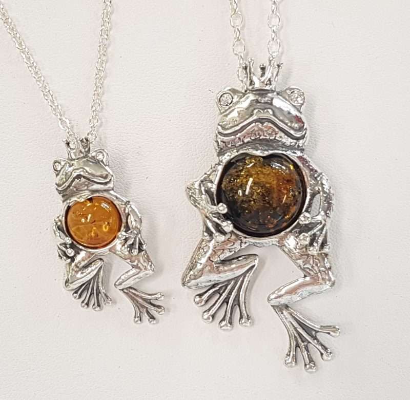 Sterling Silver Amber and CZ Frog Prince Pendant on Chain - Comes in 2 sizes