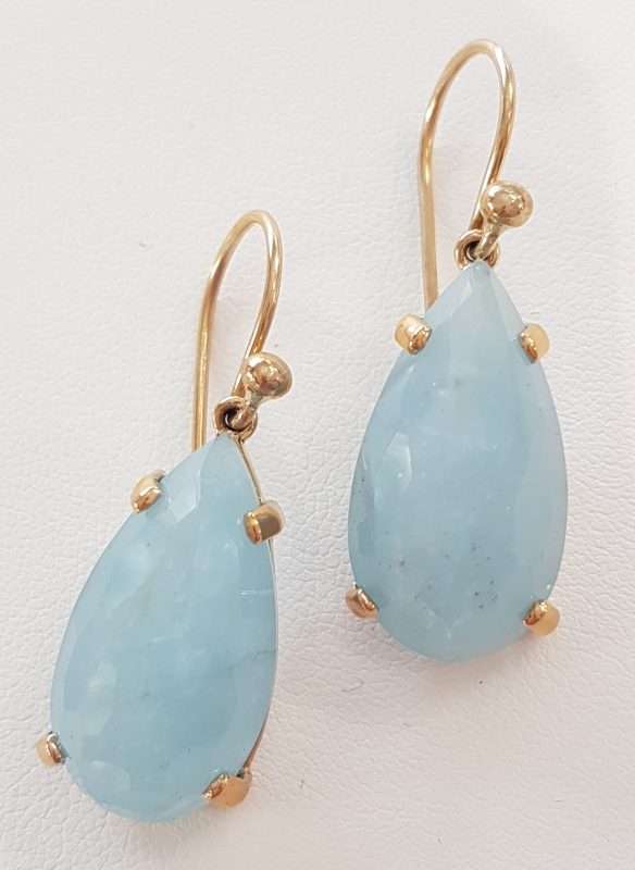 9ct Yellow Gold Teardrop / Pear Shape Aquamarine Drop Earrings