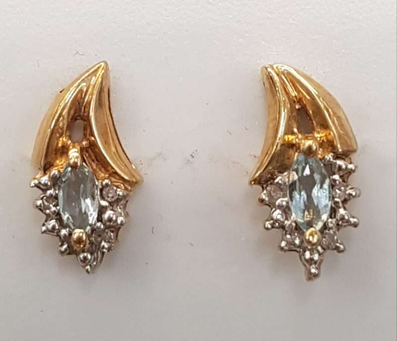 9ct Yellow Gold Aquamarine and Diamond Studs / Earrings