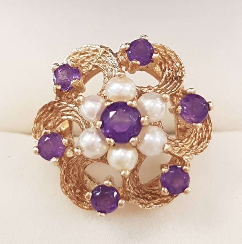 9ct Yellow Gold Amethyst Seed Pearl Large Cluster Ring - Antique / Vintage