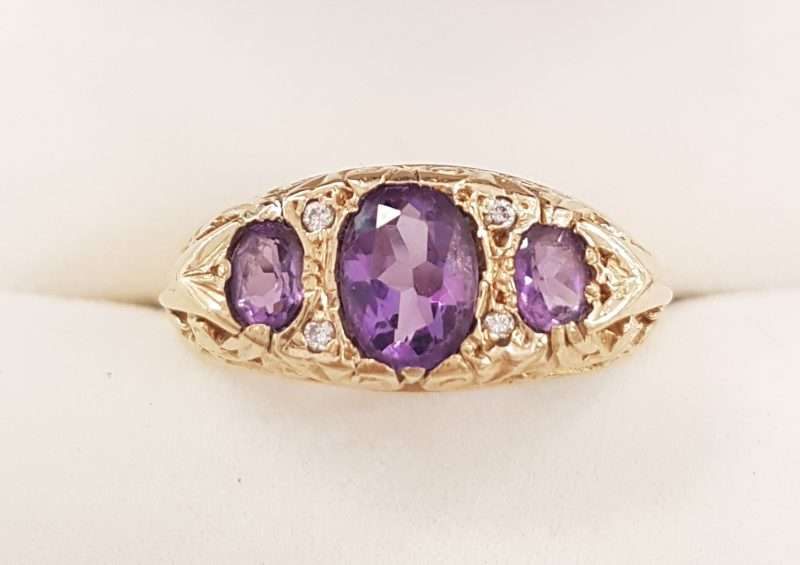 9ct Yellow Gold Amethyst & Diamond Bridge Set Ring - Antique / Vintage