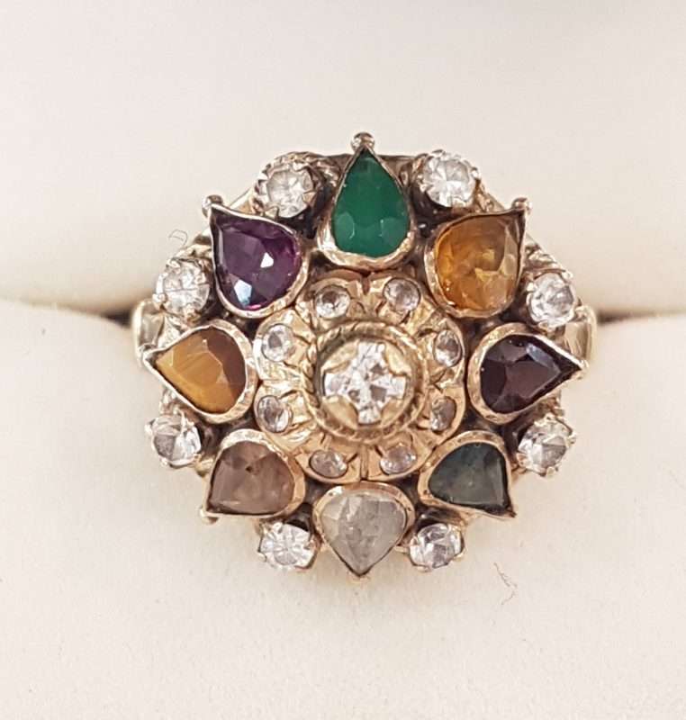 14ct Yellow Gold Large Multi-Coloured Gem Princess Cluster Ring - Antique / Vintage