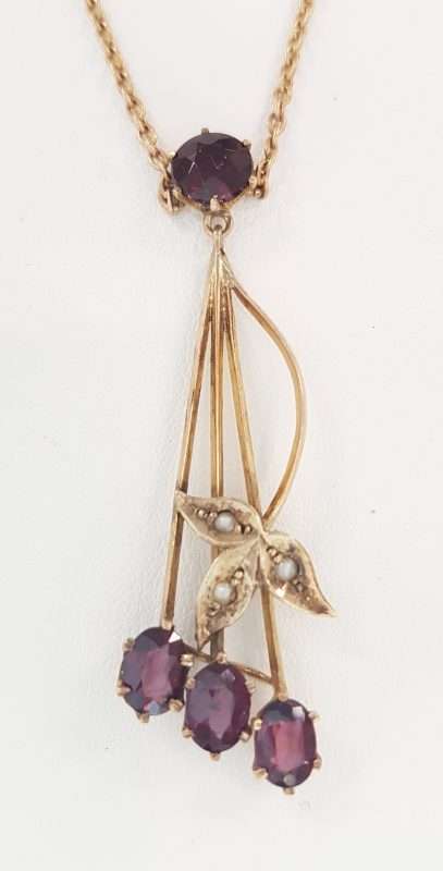 9ct Yellow Gold Seed Pearl &amp; Garnet Ornate Antique Necklace