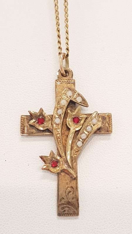 9ct Yellow Gold Seed Pearl Ornate Cross / Crucifix Pendant on 9ct Gold Chain
