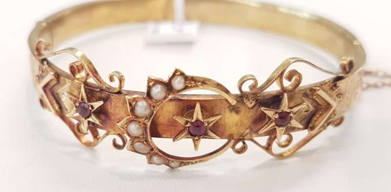 15ct Gold Ruby and Seed Pearl Star and Crescent Moon Bangle - Ornate