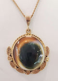 9ct Yellow Gold Ornate Leaf Design Round Cats Eye Shell Pendant on 9ct Chain
