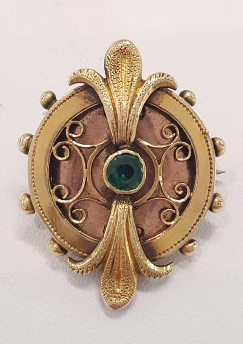 14ct Yellow Gold Ornate Green Stone Brooch