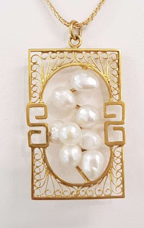 14ct Yellow Gold Filigree Design Pendant set with 8 Pearls - on Chain