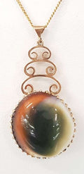 9ct Yellow Gold Round Cats Eye Shell Long Pendant on 9ct Chain