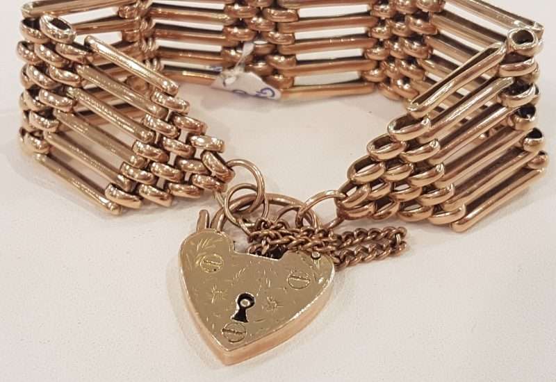 9ct Rose Gold Wide Gatelink Bracelet with Heart Padlock - Antique / Vintage