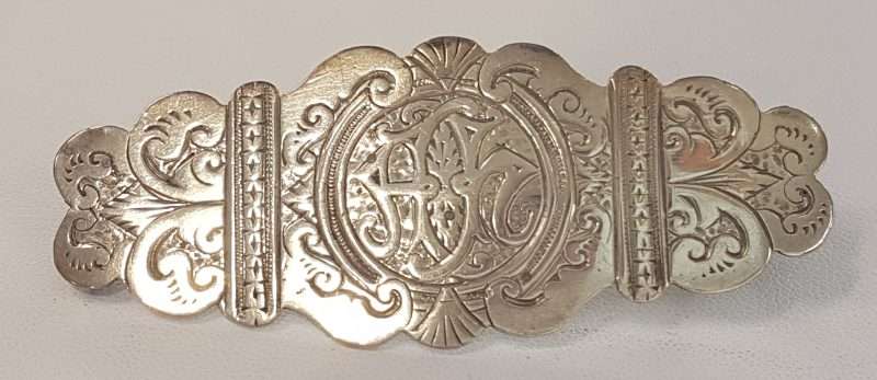 Sterling Silver Antique Large and Ornate Monogrammed Elongated Brooch. Initialed A H
