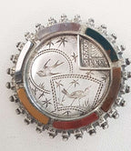 Sterling Silver Round Ornate Motif Bird and Floral Antique Multi-Coloured Scottish Agate and Bloodstone Brooch