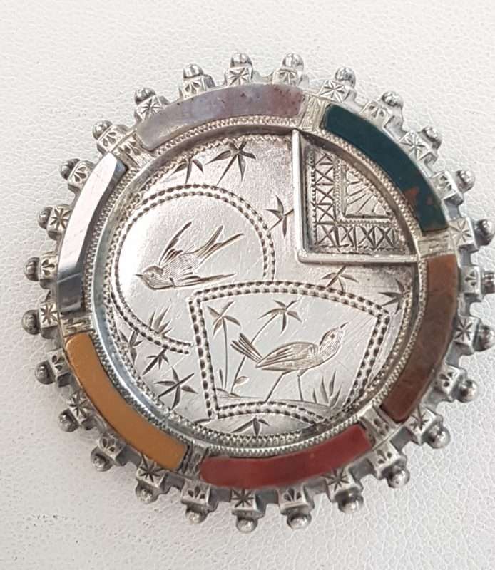 Sterling Silver Round Ornate Motif Bird and Floral Antique Multi-Coloured Scottish Agate and Bloodstone Brooch