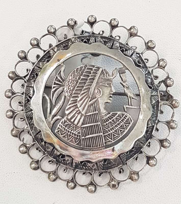 Sterling Silver Large Round Ornate Egyptian Design Brooch / Pendant