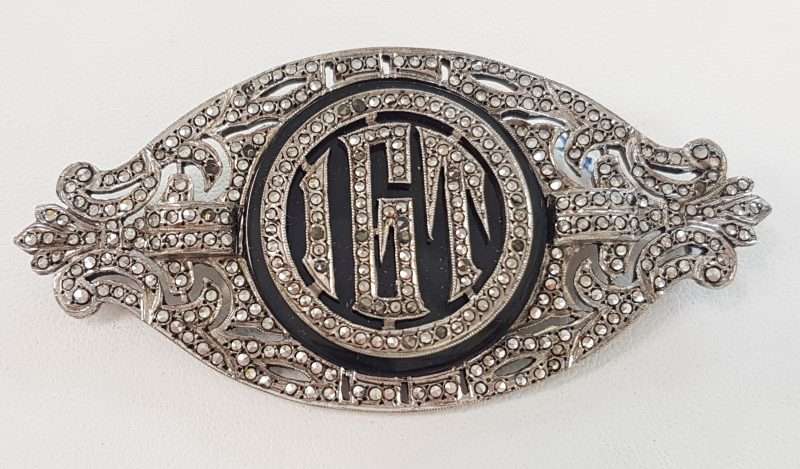 Sterling Silver Vintage Marcasite &amp; Onyx Brooch – Very Large Ornate Monogrammed / Initialed "IGT"