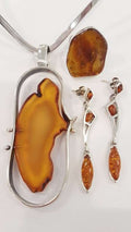 Sterling Silver Large Amber Pendant on Sterling Silver Choker, Large Flat Amber Ring, and Long Drop Earrings
