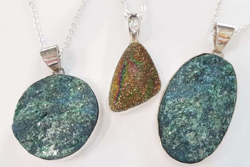 Sterling Silver Oval and Round Large Aventurine Pendants and Sterling Silver Irregular Shape Spectrolite Druzy Pendant on Sterling Silver Chains