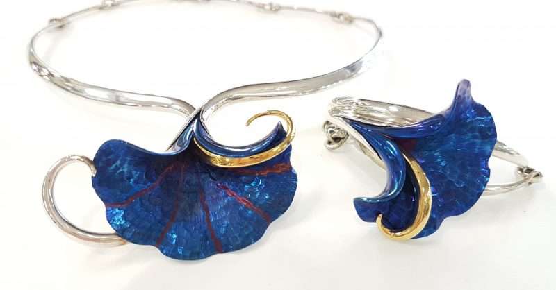 Sterling Silver Vibrant Blue Titanium Large Flower Choker Necklace