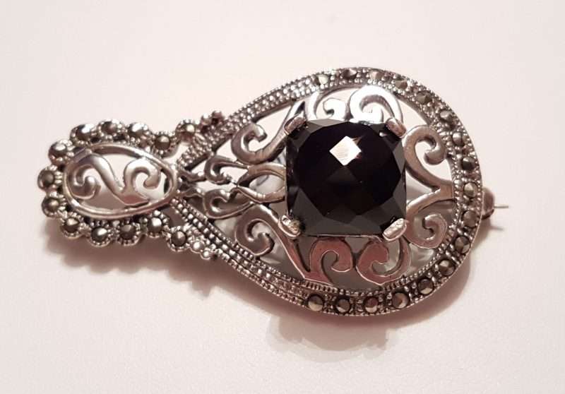 Sterling Silver Large Marcasite and Onyx Ornate / Filigree  Brooch