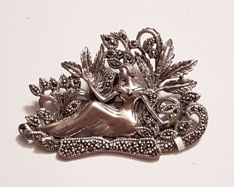 Sterling Silver and Marcasite Brooch - Ornate Nouveau Style - Lady Sitting