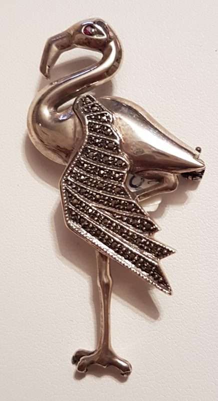 Sterling Silver Marcasite Flamingo / Heron / Bird Brooch with Garnet Eye