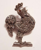 Sterling Silver Marcasite Large Rooster Brooch - Garnet Eye - Bird