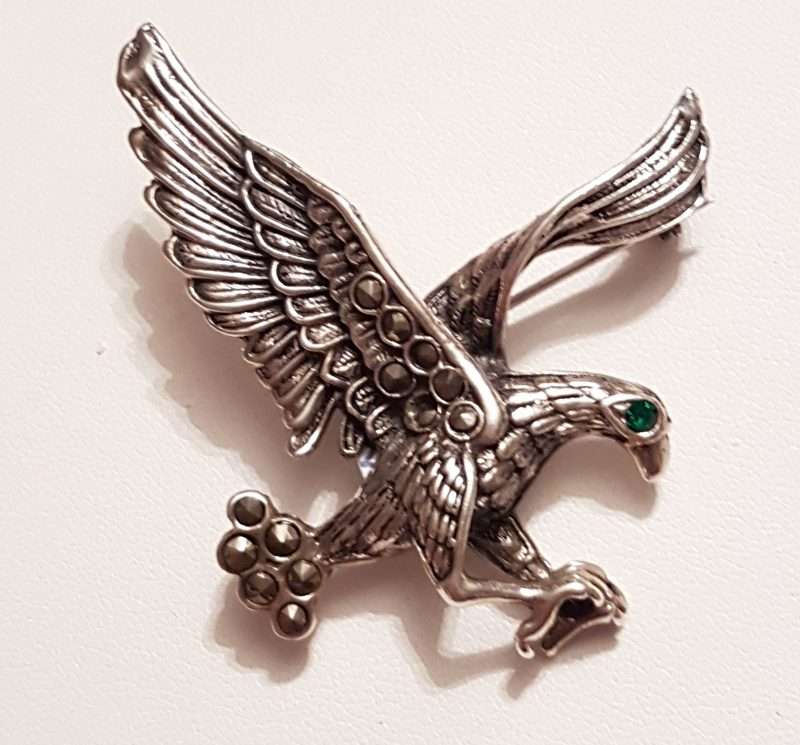 Sterling Silver Marcasite Very Large Eagle / Bird Brooch - Green Eye