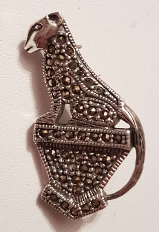Sterling Silver Marcasite Sitting Cat on Pedestal Brooch - Leopard / Panther / Puma
