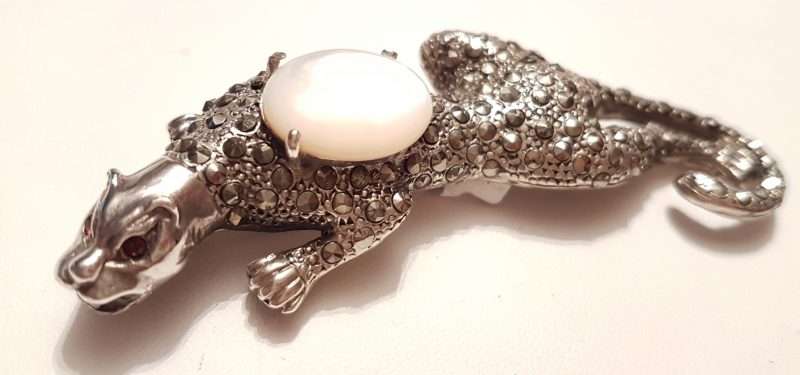 Sterling Silver Marcasite, Garnet &amp; Mother of Pearl Big Cat Brooch - Puma / Jaguar - Large