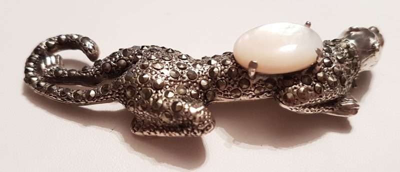 Sterling Silver Marcasite, Garnet &amp; Mother of Pearl Big Cat Brooch - Puma / Jaguar - Large