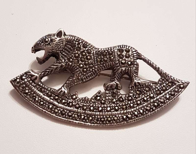 Sterling Silver Large Marcasite Big Cat on Crescent Brooch - Puma / Jaguar