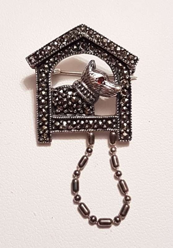 Sterling Silver Marcasite Dog in Kennel / Dog House Brooch