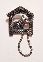 Sterling Silver Marcasite Dog in Kennel / Dog House Brooch
