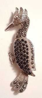Sterling Silver Marcasite &amp; Black Woodpecker Bird Brooch