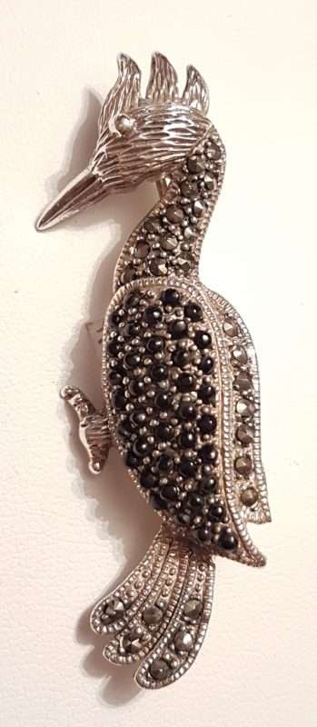 Sterling Silver Marcasite &amp; Black Woodpecker Bird Brooch