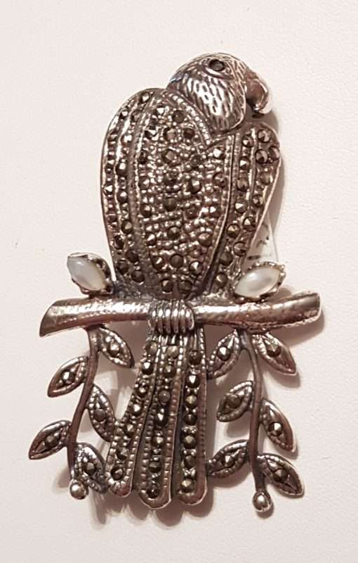 Sterling Silver Marcasite and Mother of Pearl Large Bird on Branch Brooch