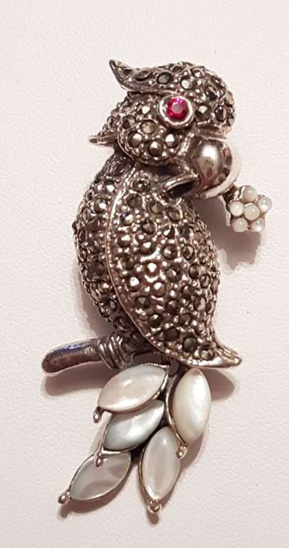 Sterling Silver Marcasite and Mother of Pearl Parrot / Bird / Cockatoo / Cockatiel Brooch